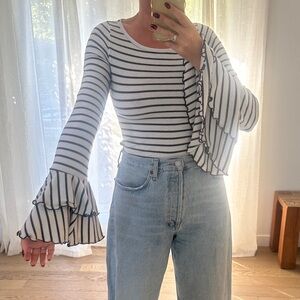 Free People Black and White Striped Flare Sleeve Top
